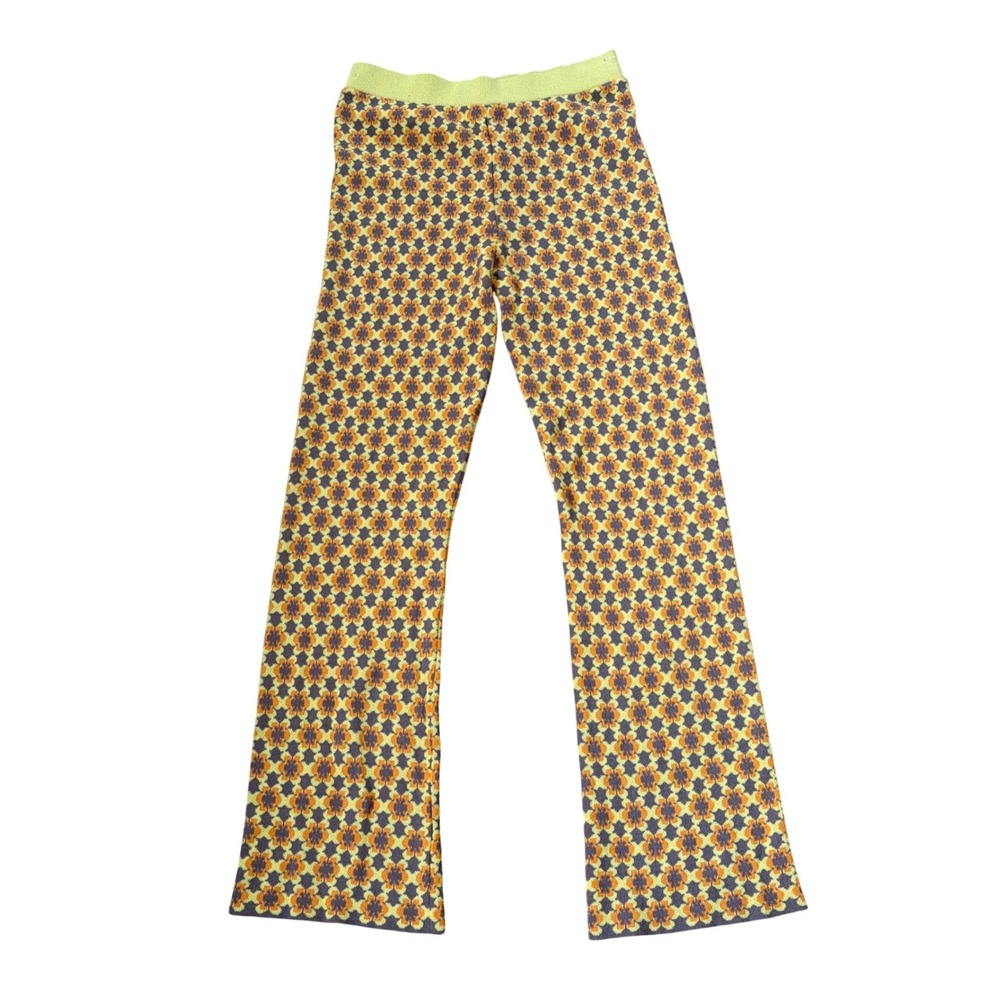 ZARA Women Retro Floral Print Flare Knit Pants Yellow Orange Brown Small 70s